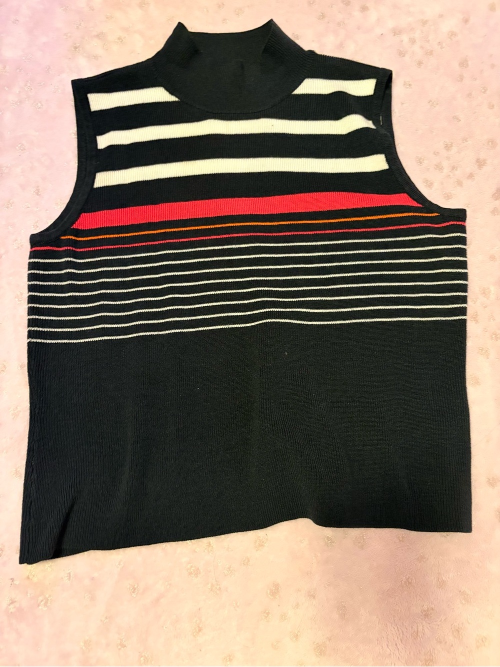 Mock-Neck Black Sleeveless Knit Tank with White and Red Stripes